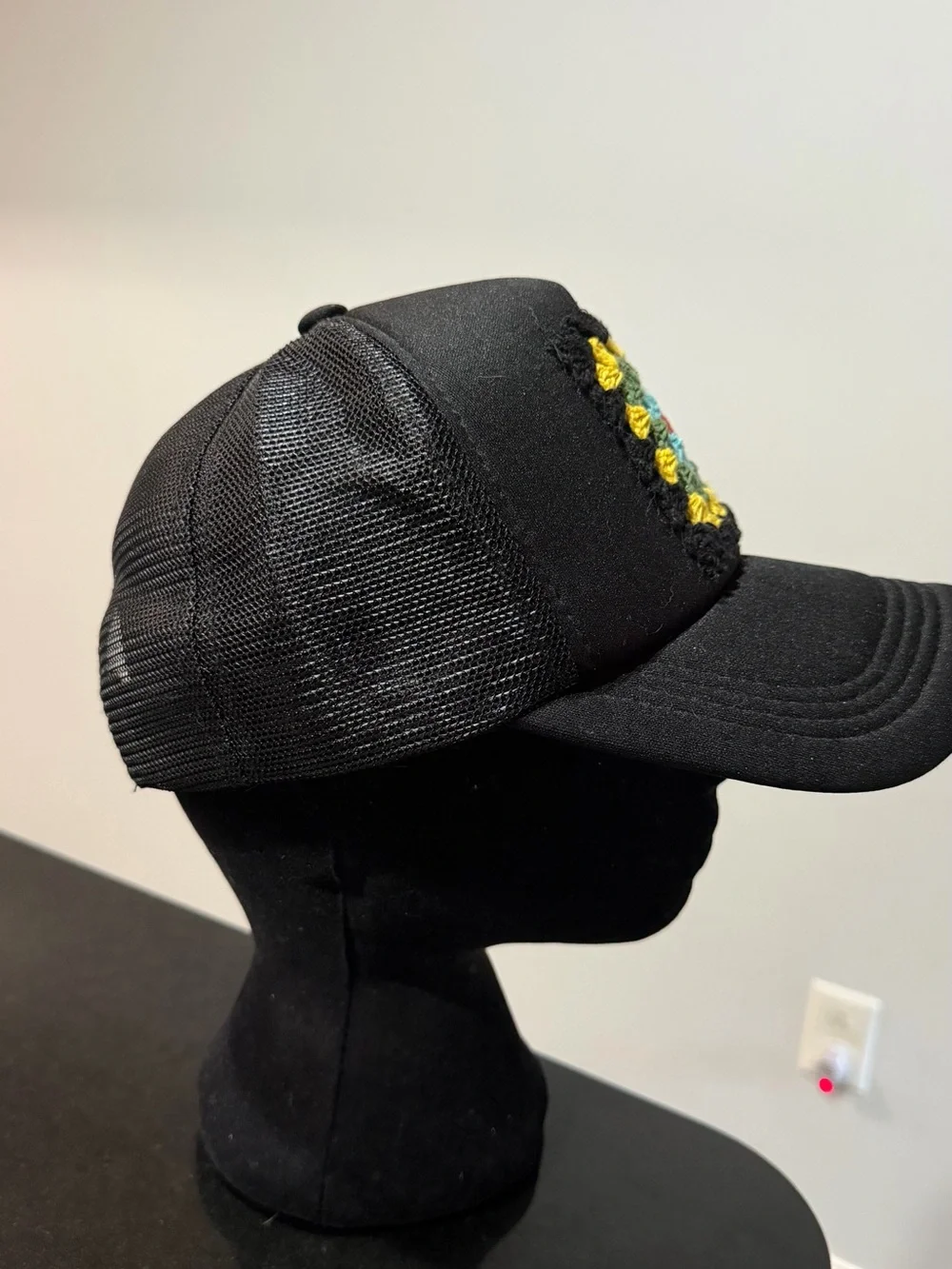 Black Truckers Hat with Crochet Granny Square.